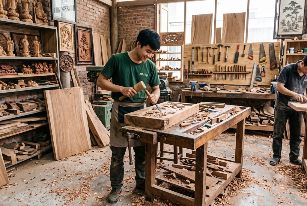 So sánh độ bền gỗ Mít và gỗ Dổi làm tranh thờ loại nào tốt? 6 xuong tranh khac go moc viet 6 1