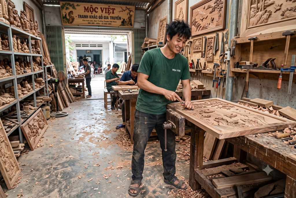 Tranh gỗ Thuận Buồm Xuôi Gió ý nghĩa và cách treo đón tài 6 xuong tranh khac go moc viet 8 1