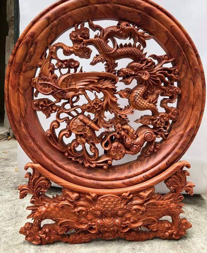 Ý nghĩa tranh gỗ Tứ Linh phong thủy và cách bài trí tài lộc 11 Tranh Đĩa Tứ Linh gỗ hương đá - Thế Giới Đồ Gỗ